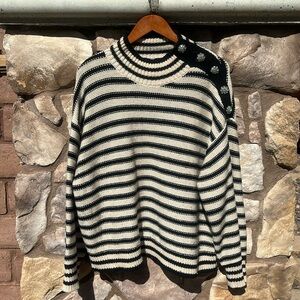 J. Crew Lambs Wool Cable Knit Sweater Mock Neck Striped Jewel Buttons Size 2X